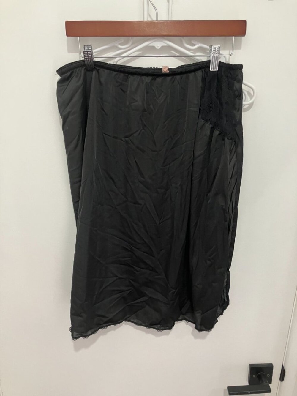 Vtg Vanity Fair Black Nylon Tricot Half Slip Skirt Lace Side Panel Slit Hem L